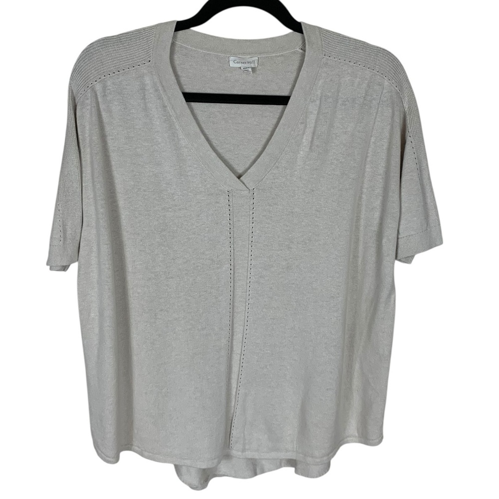 Women's Garnet Hill Beige Linen Cotton Short Sleeve V-Neck Sweater Size L Office